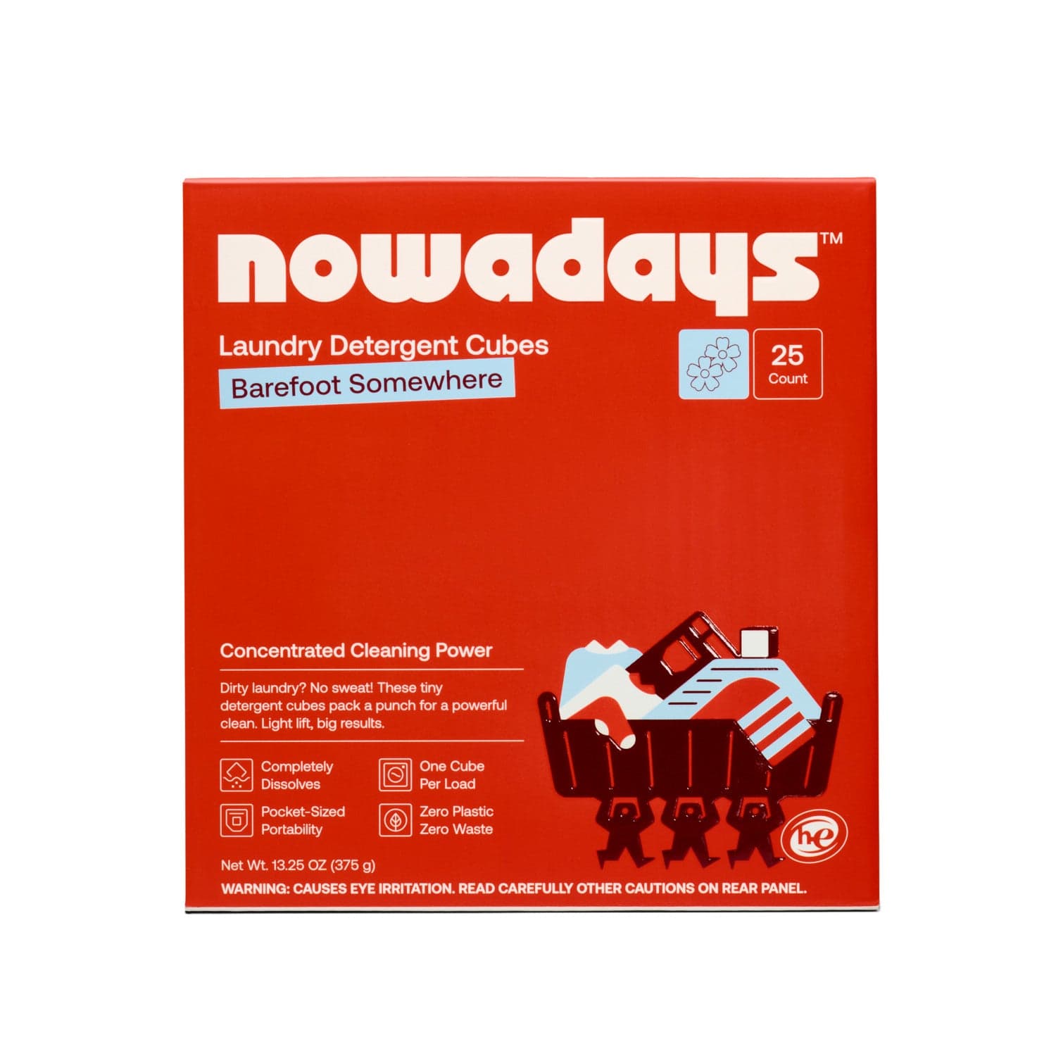 Red box of Nowadays Laundry Detergent Cubes, Barefoot Somewhere, 25 count